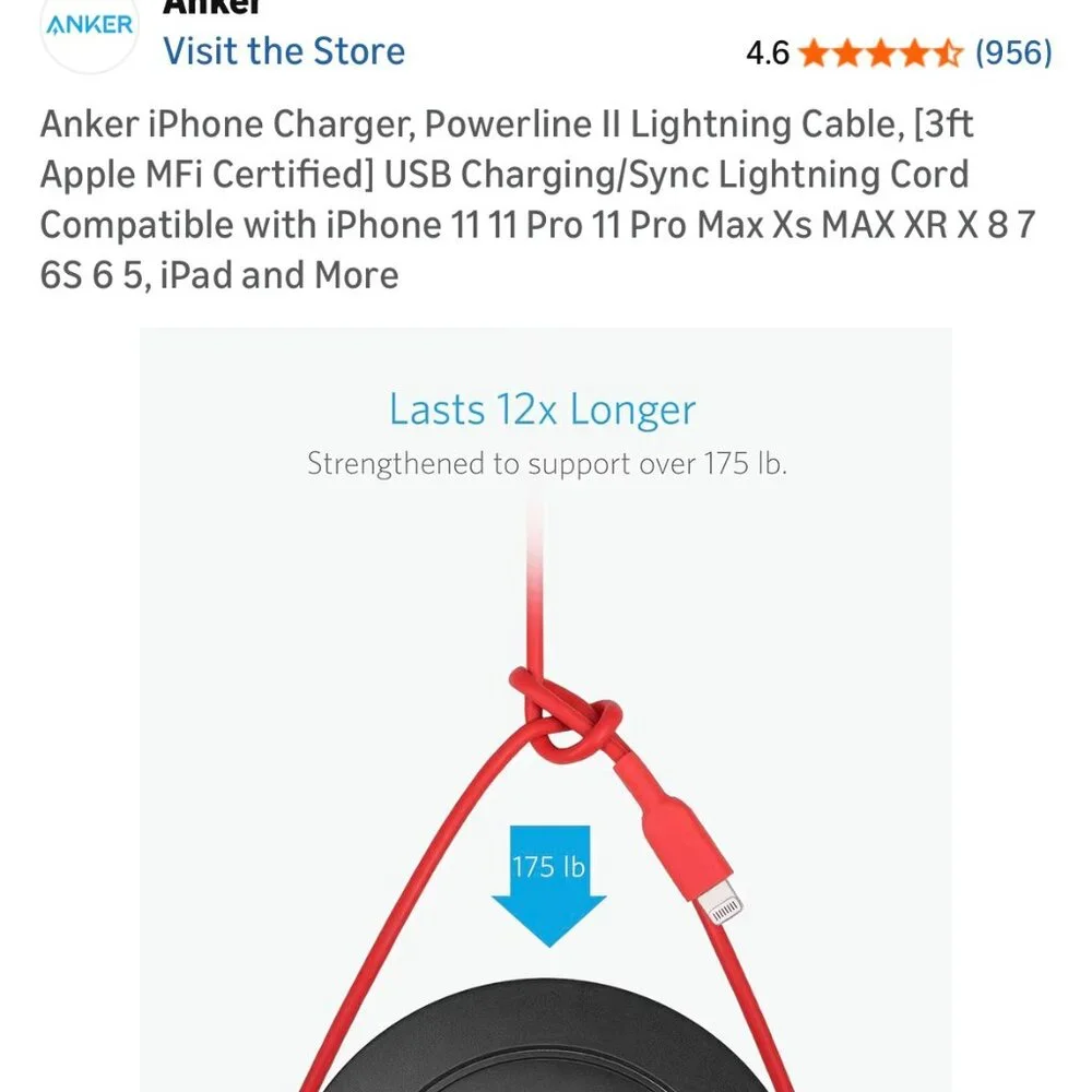 Anker iPhone Charger, Powerline II Lightning Cable, 3 ft USB